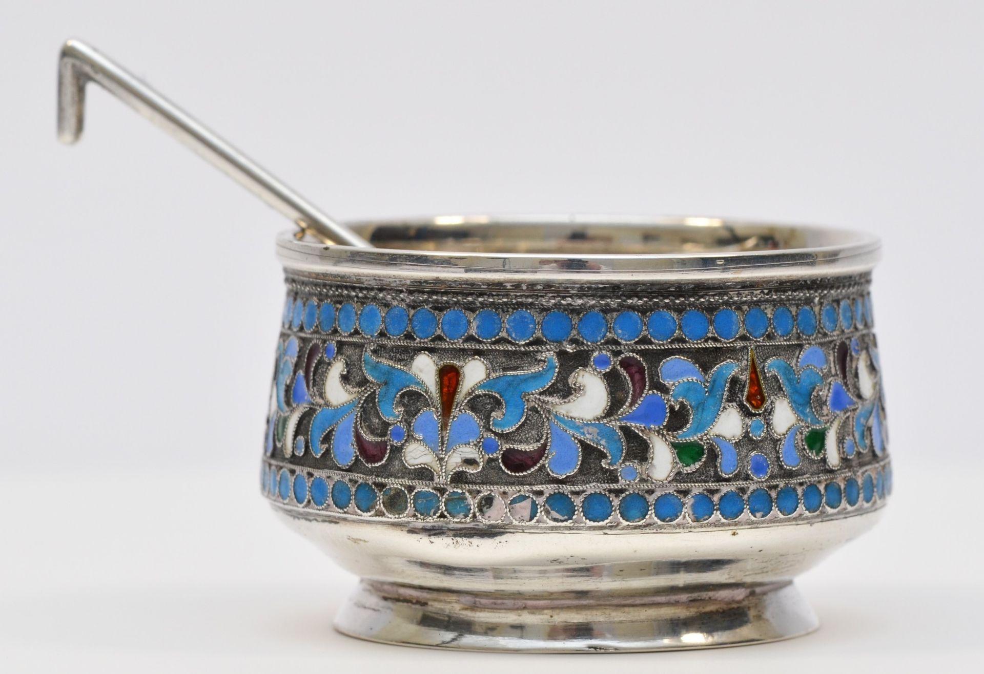 A Russian silver and cloisonne salt pot, bearing pre Revolution assay marks, together with a