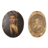 An early 19th century portrait of a lady with white bonnet, oil on copper, 13 x 11cm and an