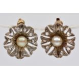 A Victorian pair of silver fronted & rose gold pearl and rose cut diamond ear rings, probably