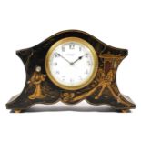 A Bravingtons Ltd., London, French chinoiserie mantel clock, black case with laquer decoration,