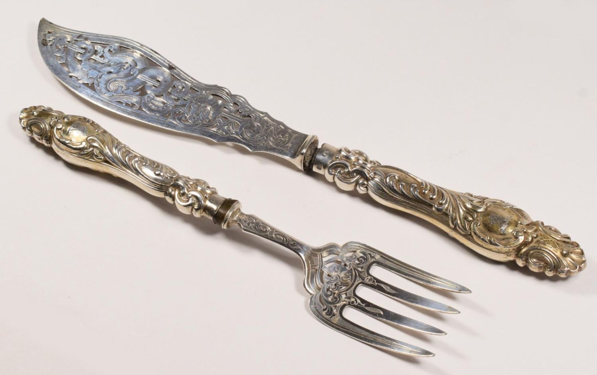 A Victorian silver pair of silver knife and fork, by Martin Hall & Co., Sheffield, 1853, the handles - Image 2 of 3