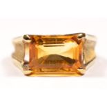 A vintage gold and citrine single stone ring, tests as 14k gold, stone 11 x 8mm, M 1/2, 5.3gm.