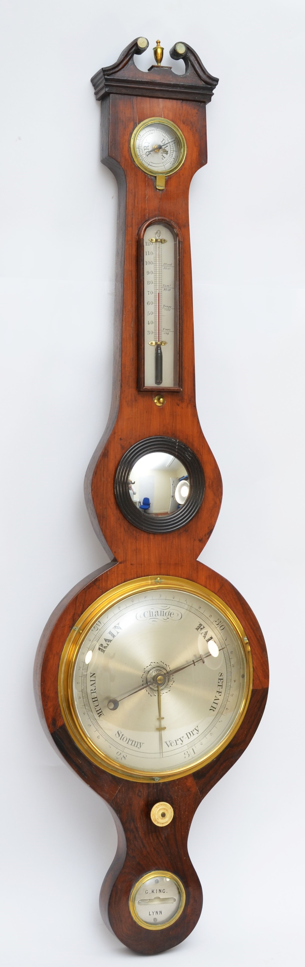 G. King, Lynn, a George III mahogany five glass wheel barometer, with 8" silvered dial, 97cm. - Image 2 of 4