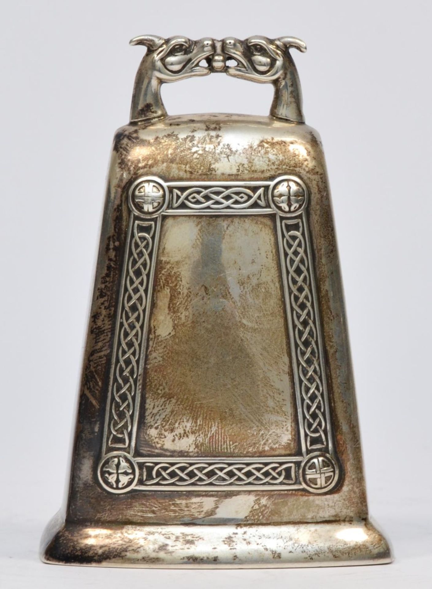 A Scottish silver presentation hand bell, Edinburgh 1929, with applied Celtic border, clanger, - Image 3 of 6