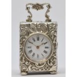 A Victorian silver boudoir clock, Birmingham 1898, white enamel dial with Roman numerals, French