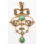 A Victorian 9ct turquoise matrix and half pearl openwork scroll pendant, 9ct tab, 42 x 25mm, 3.2gm