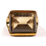 A vintage 9ct gold smokey quartz single stone ring, Birmingham 1975, stone 15 x 12mm, P 1/2, 7.9gm.