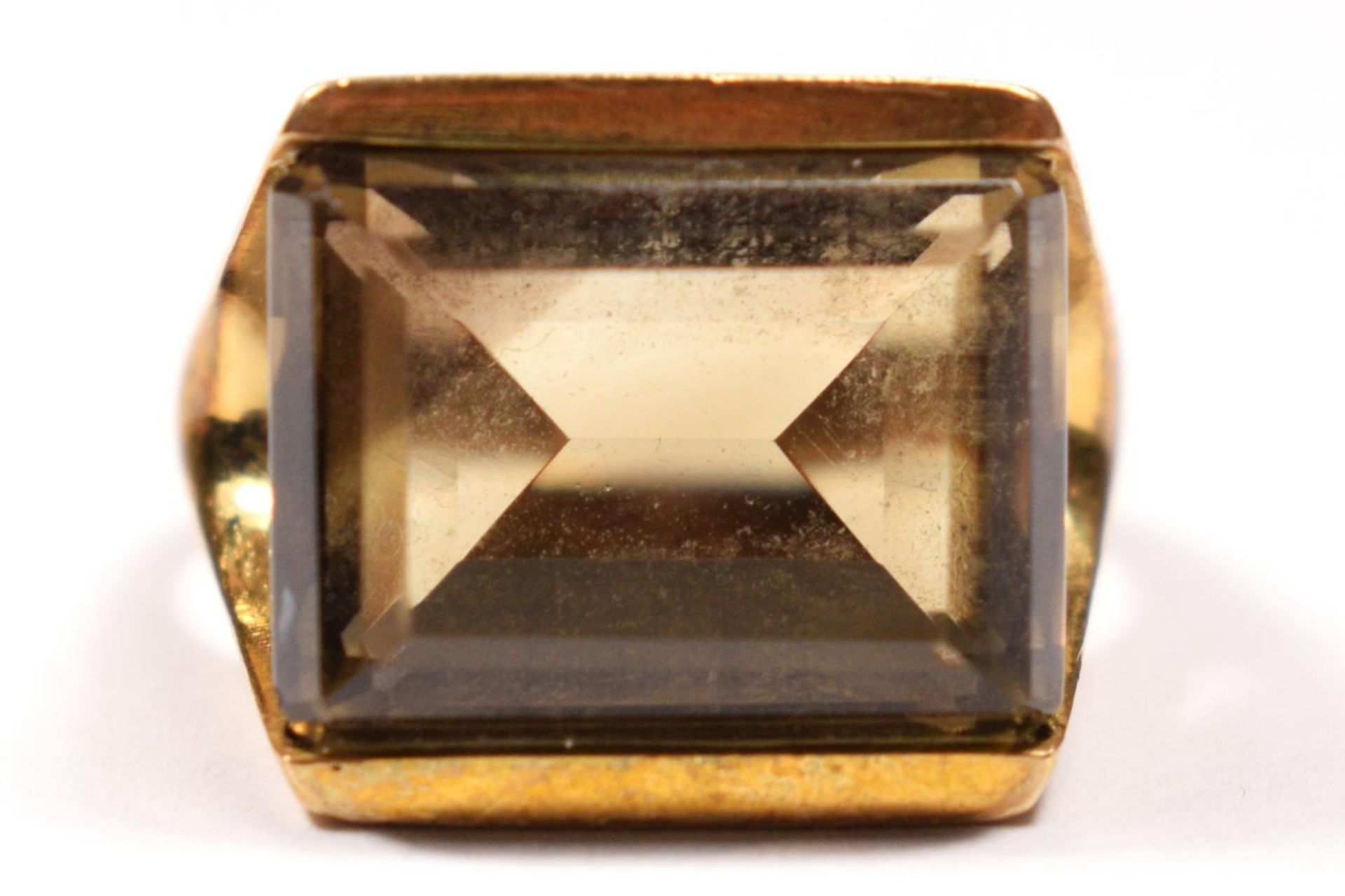 A vintage 9ct gold smokey quartz single stone ring, Birmingham 1975, stone 15 x 12mm, P 1/2, 7.9gm.