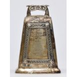 A Scottish silver presentation hand bell, Edinburgh 1929, with applied Celtic border, clanger,