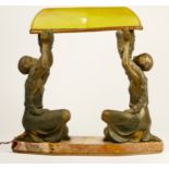 A French Art Deco cold painted table lamp, two ladies holding a green glass canopy above, raised