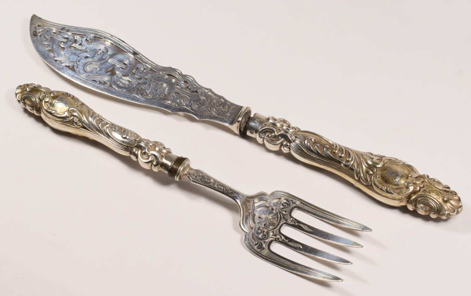 A Victorian silver pair of silver knife and fork, by Martin Hall & Co., Sheffield, 1853, the handles