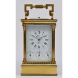 Rapport France, a brass complicated repeating, striking, day, date, alarm carriage clock, the signed