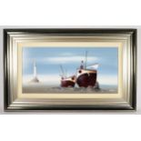 Gary Walton (contemporary), Seascape, two ships and a lighthouse, acrylic on board, signed, 29 x