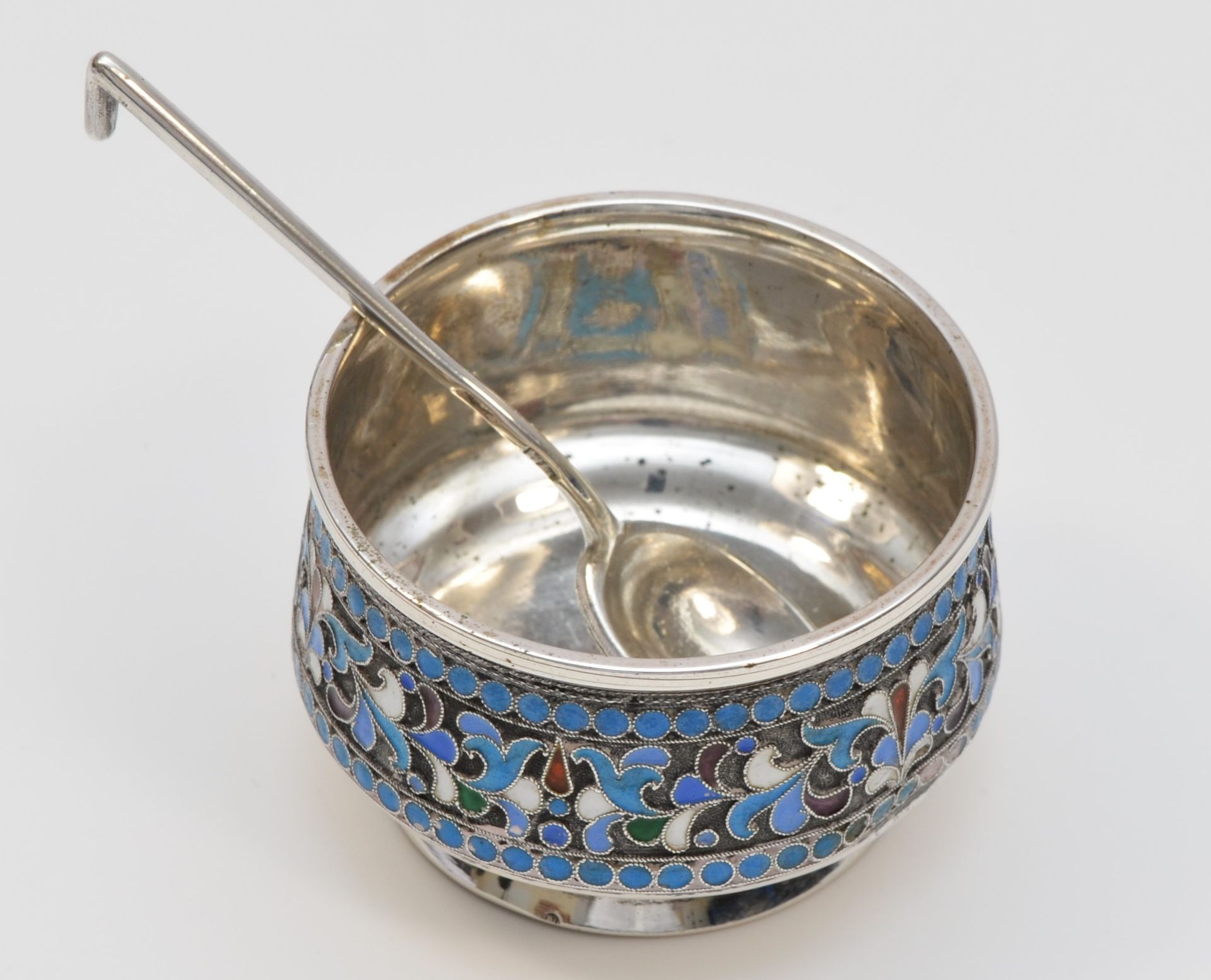 A Russian silver and cloisonne salt pot, bearing pre Revolution assay marks, together with a - Image 4 of 4