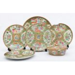 A Cantonese famile rose four panel plate, 25cm, four smaller examples, 20cm (one A/F) and an oval