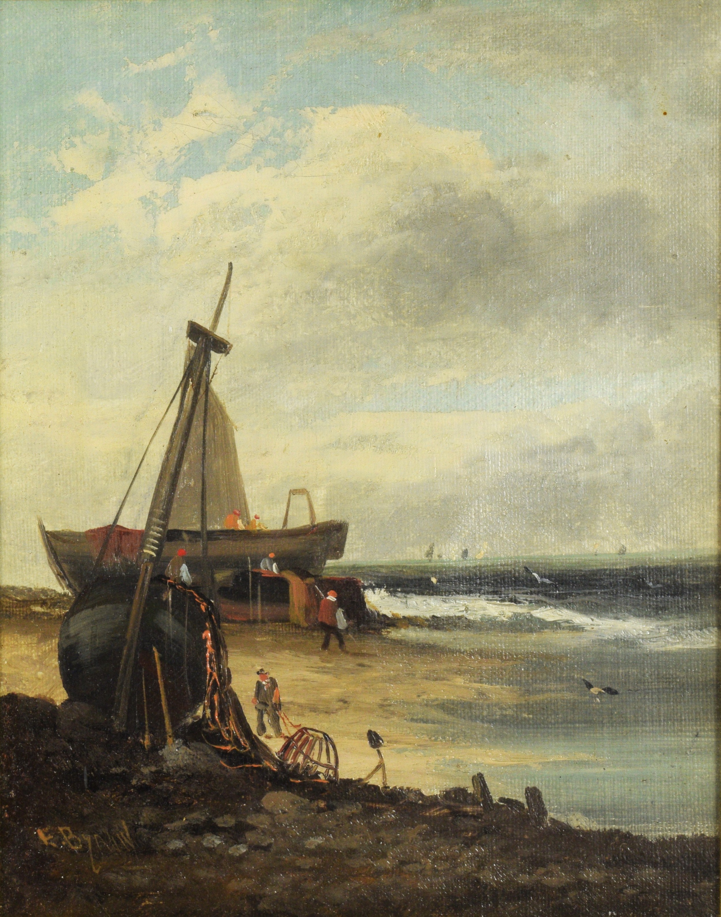 E. Byran, fishing boat on shore, oil on canvas, signed, 24 x 19cm and another by the same hand, - Image 4 of 5