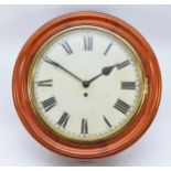 A Victorian mahogany circular fusee wall clock, white enamel 11 1/2" dial with Roman numerals,