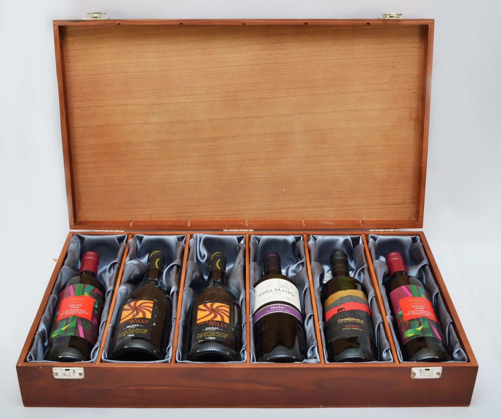 Case of wine in elm box with satin lining - 6 Bottles, 750ml each, including Willy Willy Shiraz