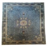A Persian Kashan style woven wool rug with a floral pattern on a blue ground with triple guard