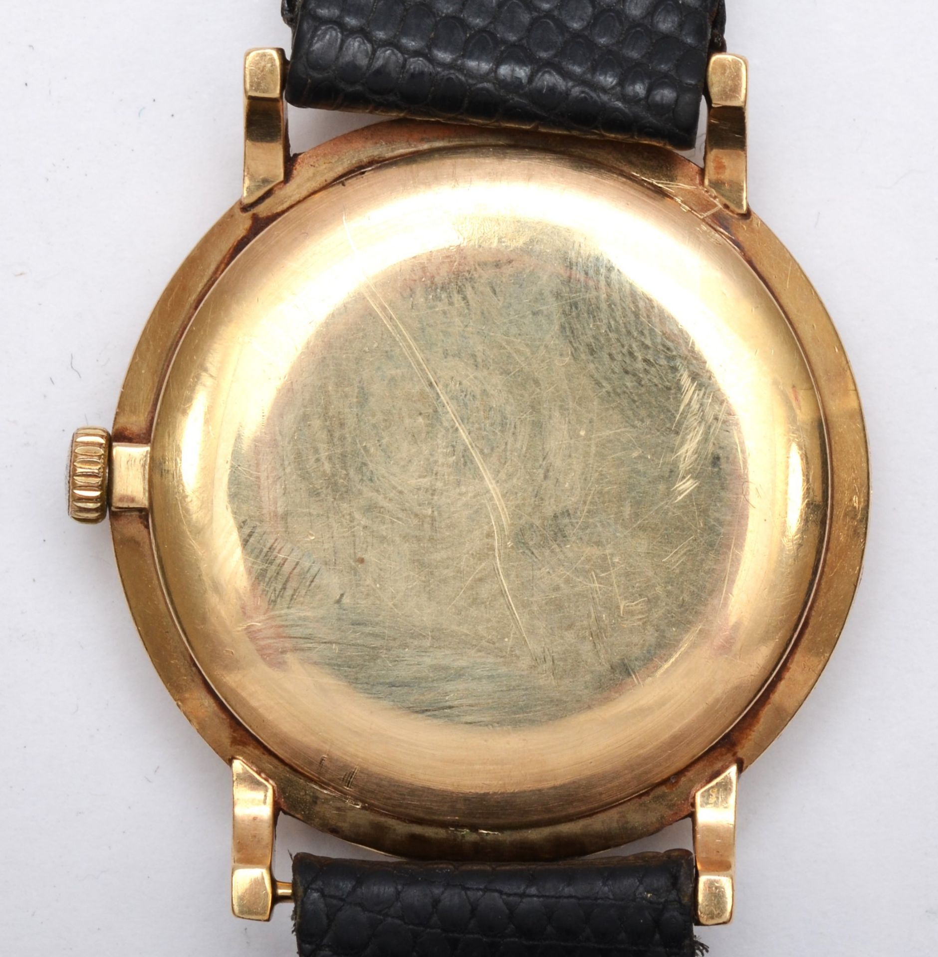 A 9ct gold gents Enicar wrist watch c1960s, having manual wind jewelled movement with black - Image 2 of 5