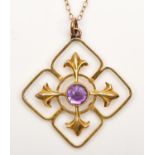 An Edwardian 9ct gold and amethyst pendant, 9ct tab, 26mm, later chain, 1.9gm