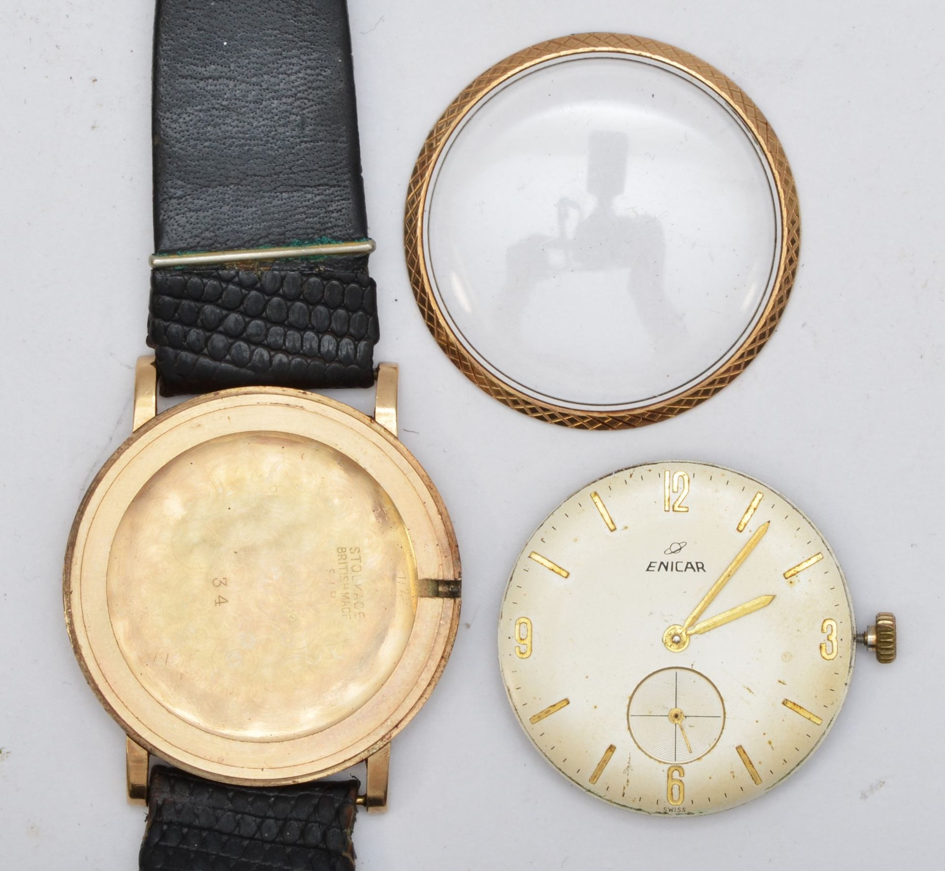 A 9ct gold gents Enicar wrist watch c1960s, having manual wind jewelled movement with black - Image 5 of 5