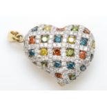 A 9ct gold, brilliant cut diamond and gemset witches heart pendant, 20 x 18mm, 4.3gm