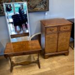 A mahogany and walnut inlay Hi-Fi cabinet, H83, W60, D42cm, together with a matching console/