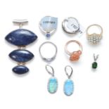 5 silver and gem set rings, a pair of silver opal earrings and 2 pendants, 53g.