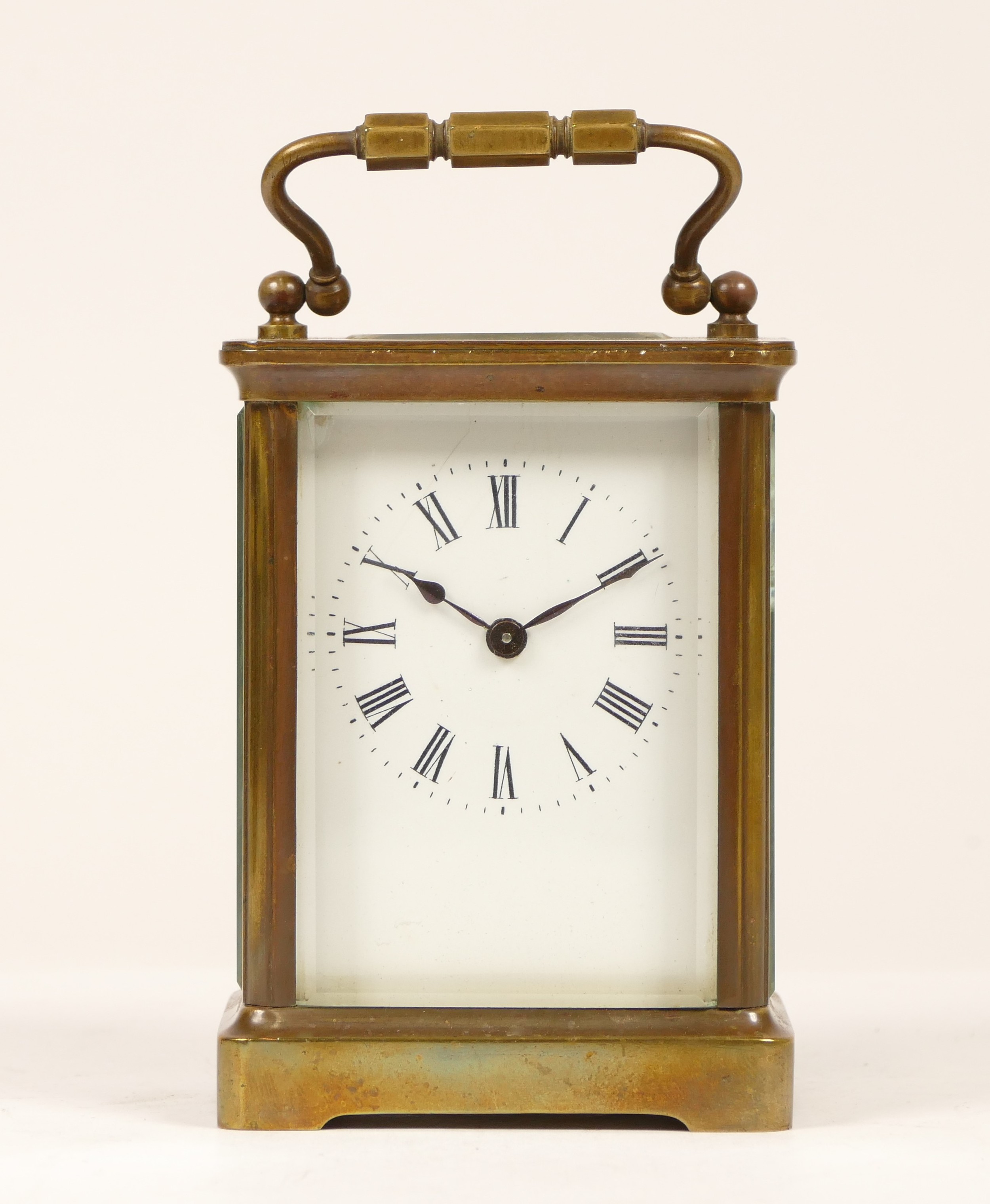 An early 20th century French brass carriage clock, having enamelled dial with Roman numerals, - Image 2 of 3