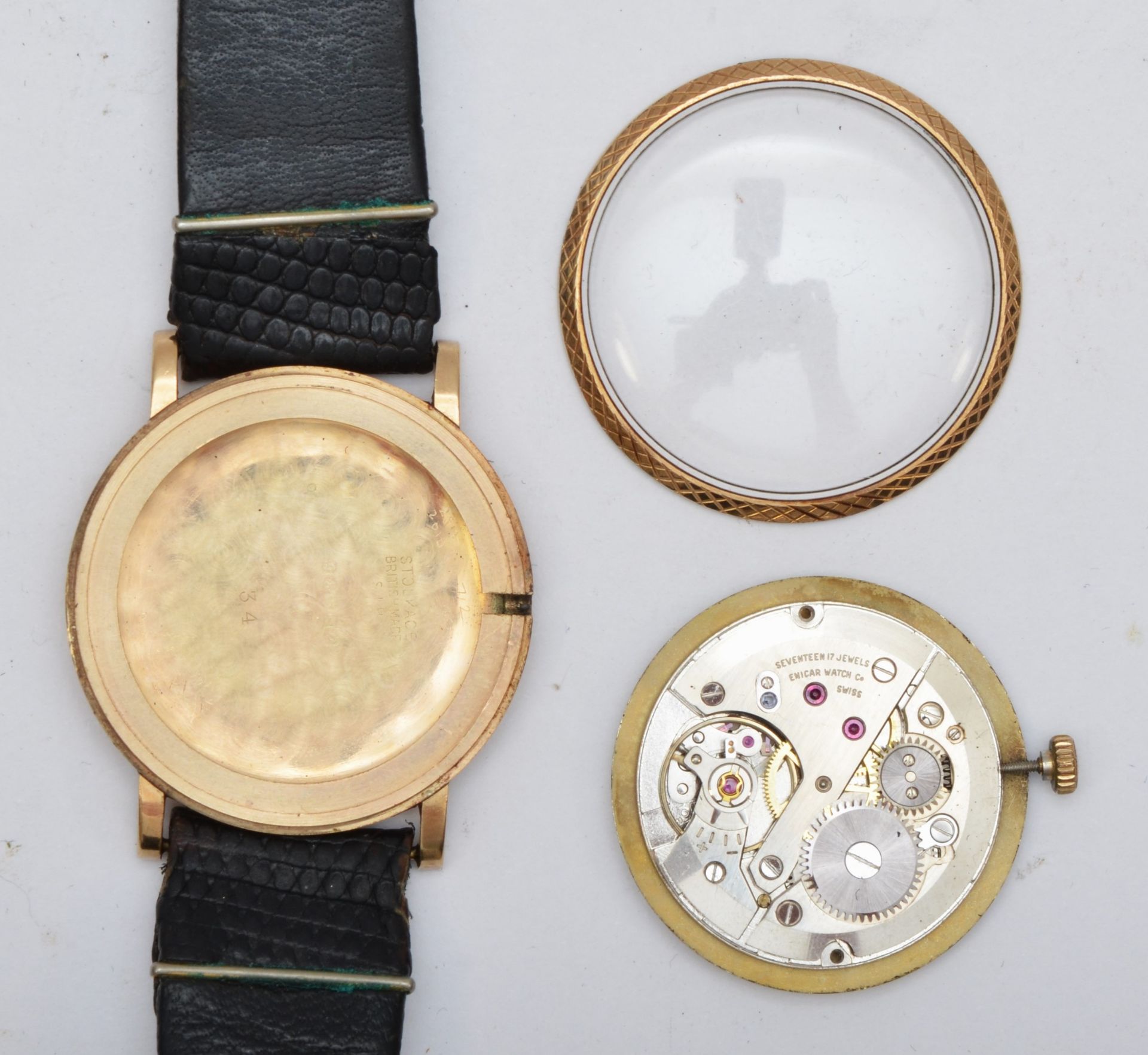 A 9ct gold gents Enicar wrist watch c1960s, having manual wind jewelled movement with black - Image 3 of 5