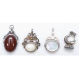 3 silver gem set swivel fobs and another silver fob, 39g.