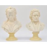 A pair of Italian alabaster busts of Angelica Giannelli and Beethoven on marble bases. (2) 22cm