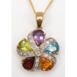 A 9ct gold and multi gemstone pendant, including topaz, diamond and citrine, 15mm, chain, 2.7gm