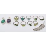 9 silver gem set rings, 2 pendants and a brooch, 69g.