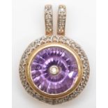 A 9ct gold amethyst and diamond circular pendant, 17mm, 4.2gm