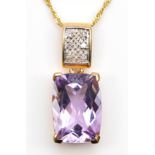A 9ct gold amethyst and diamond pendant, stone 14 x 10mm, six single cut stones above chain, 4.8gm
