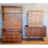 Nathan, a teak wall unit with bookcase over a desk with fall front, over a two cupboard doors, 102 x