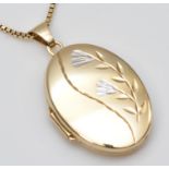 A 9ct oval two colour gold locket, 25 x 18mm, to a box link chain, 6.5gm