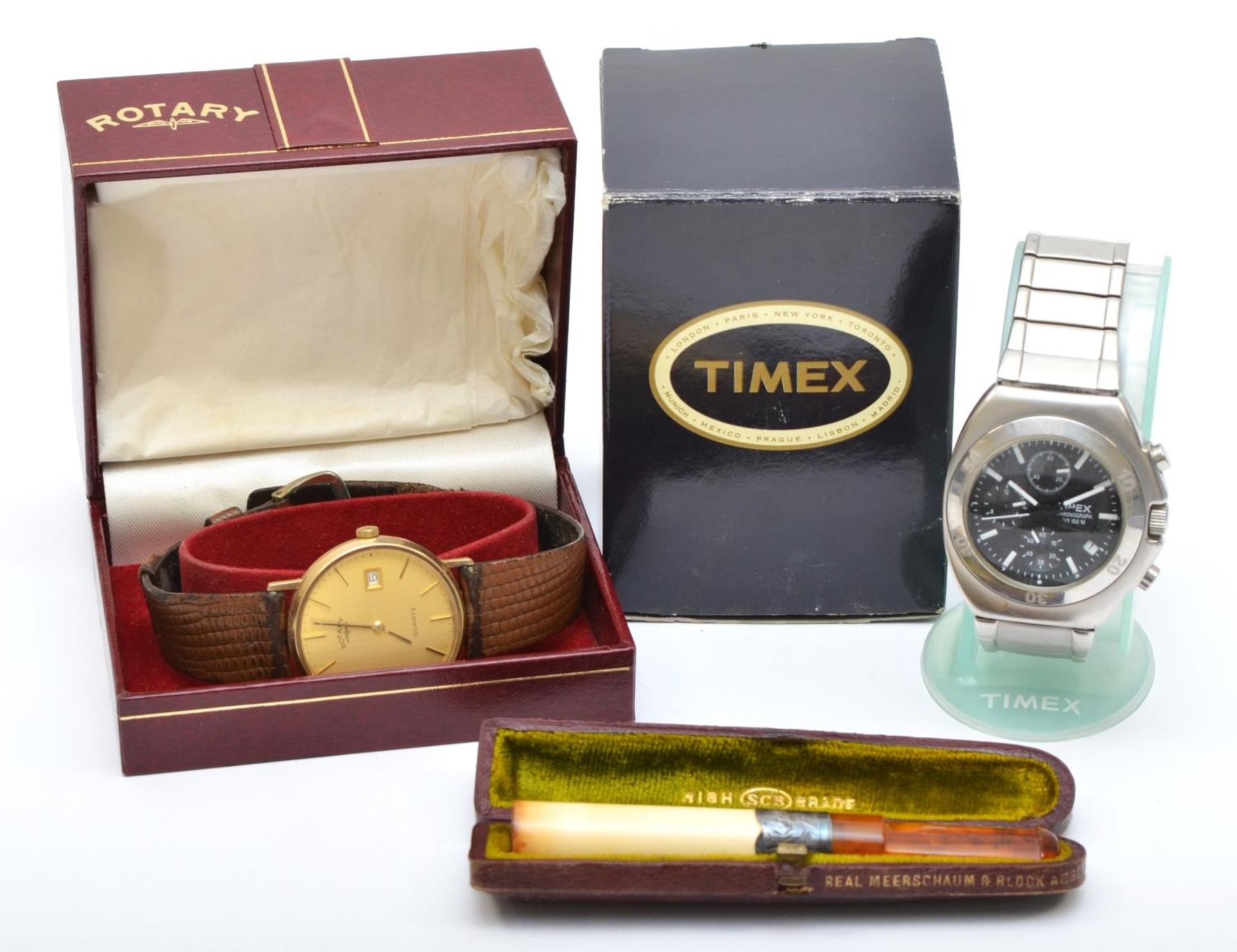 Rotary, a 9ct gold quartz date gentleman's wristwatch, 33mm, box, a Timex chronograph WR 100M