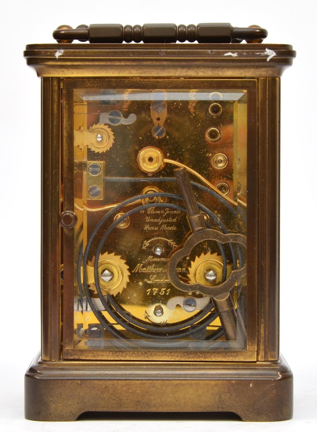 Matthew Norman 1751, London, a Grand Corniche brass alarm/striking/repeating carriage clock, model - Image 4 of 6