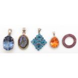 Five silver and gemset pendants, 35gm