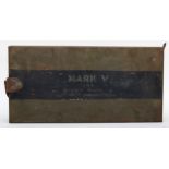 A WWI Hotchkiss Mark V ammunition box, missing internal compartments, metal construction with
