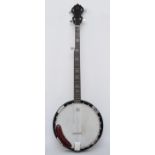 A Hondo resonator banjo, with mother of pearl inlay decoration of the fret board, five string (one