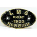 An oval brass locomotive works plate, 'L.M.S. Built 1900 Horwich'