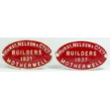 Two oval cast iron wagon builders plates, 'Hurt Nelson & Co Ltd, Motherwell Builders 1937'. (2)