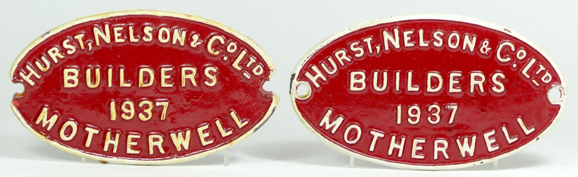 Two oval cast iron wagon builders plates, 'Hurt Nelson & Co Ltd, Motherwell Builders 1937'. (2)