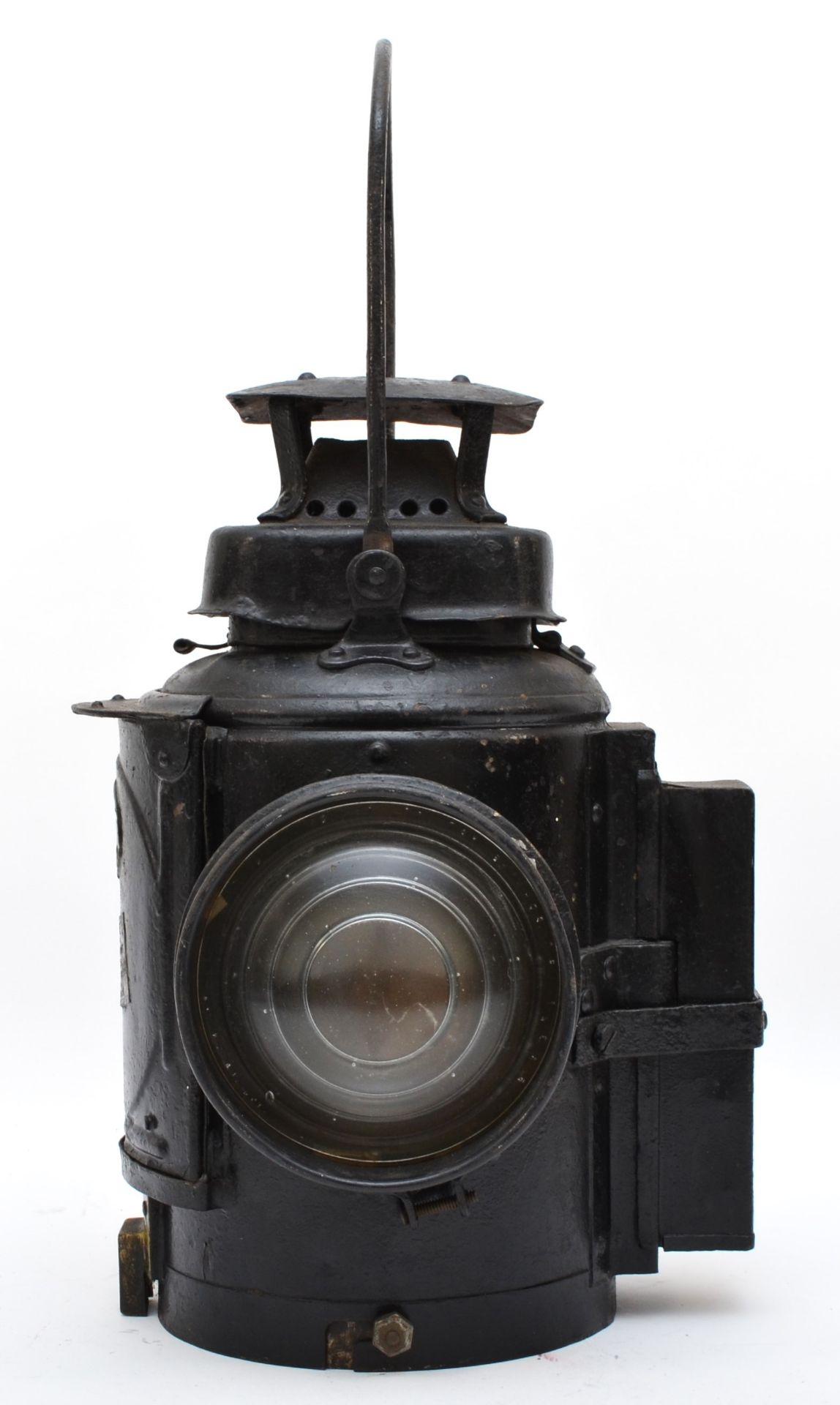 Adlake non-sweating railway lamp, complete with burner, brass pluaqe stamped with L.M.S. Railways