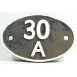 An oval cast iron shed plate, '30A Stratford (London)'.