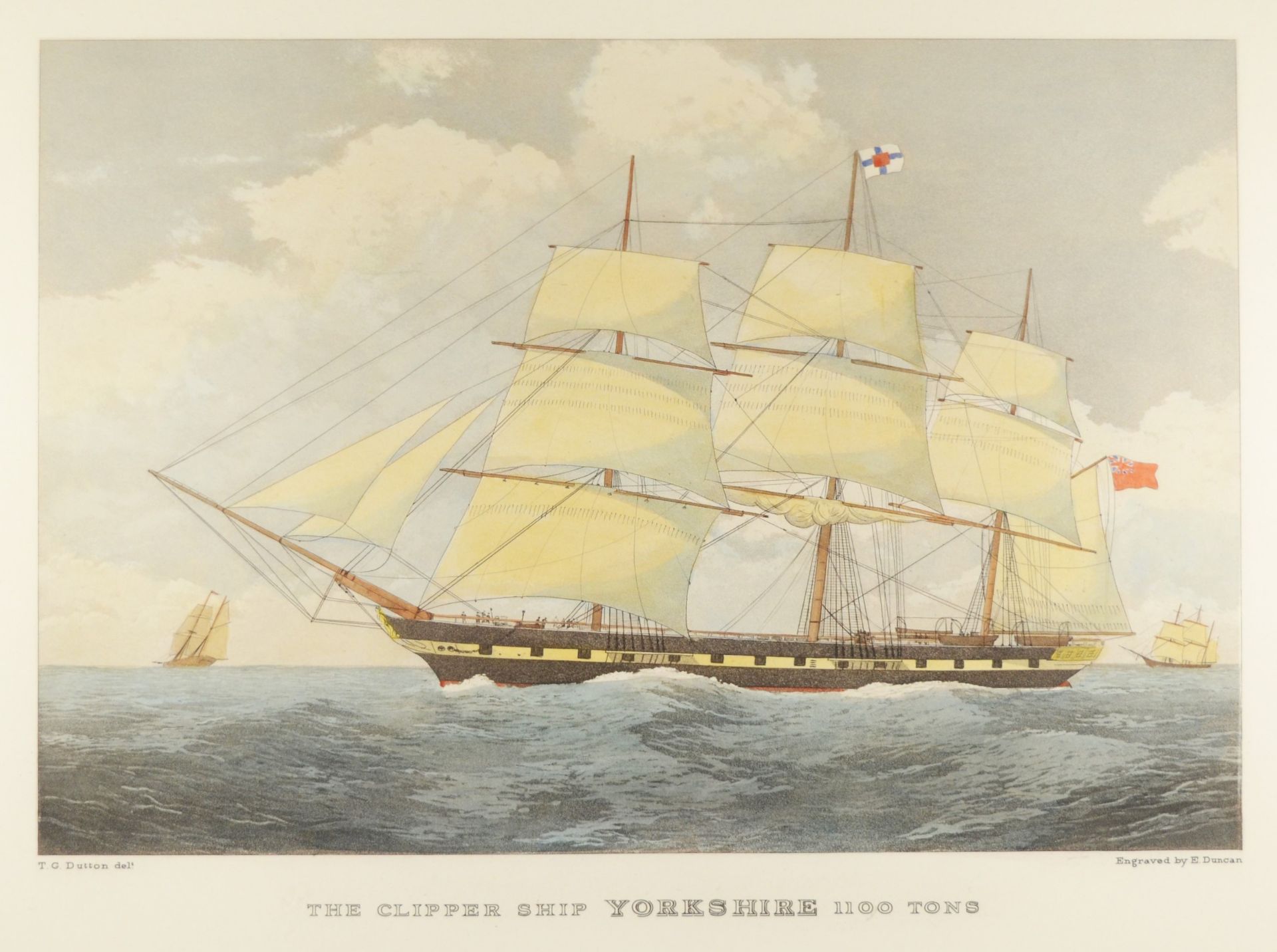 A engraving by E. Duncan, The Clipper Of Yorkshire 1100 Tons, mounted and framed, 80 x 67cm - Image 2 of 2